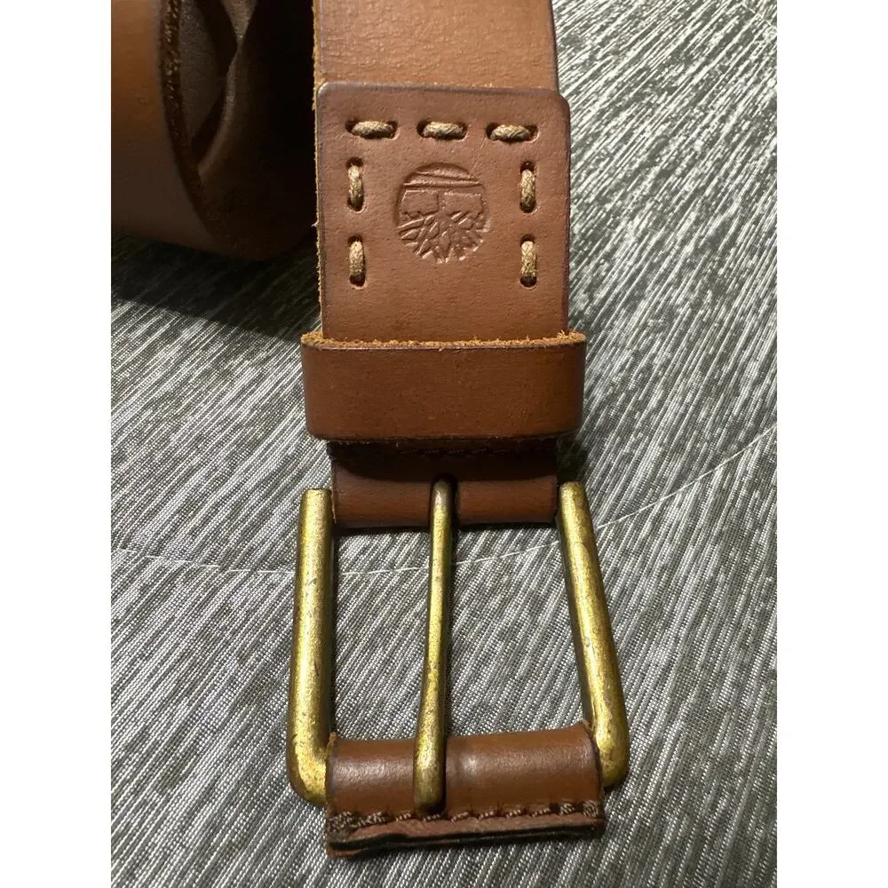 Vintage Timberland Brown Leather Belt Sz 32 Brass Buckle Western Workwear